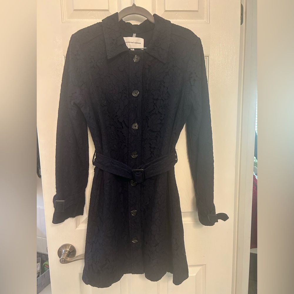 cupcakes & cashmere Navy Blue Lace Overlay Trench Coat. Unique.